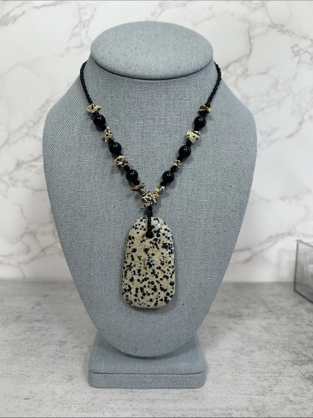 Dalmatian Jasper Pendant Necklace - Black & Cream Beaded Necklace